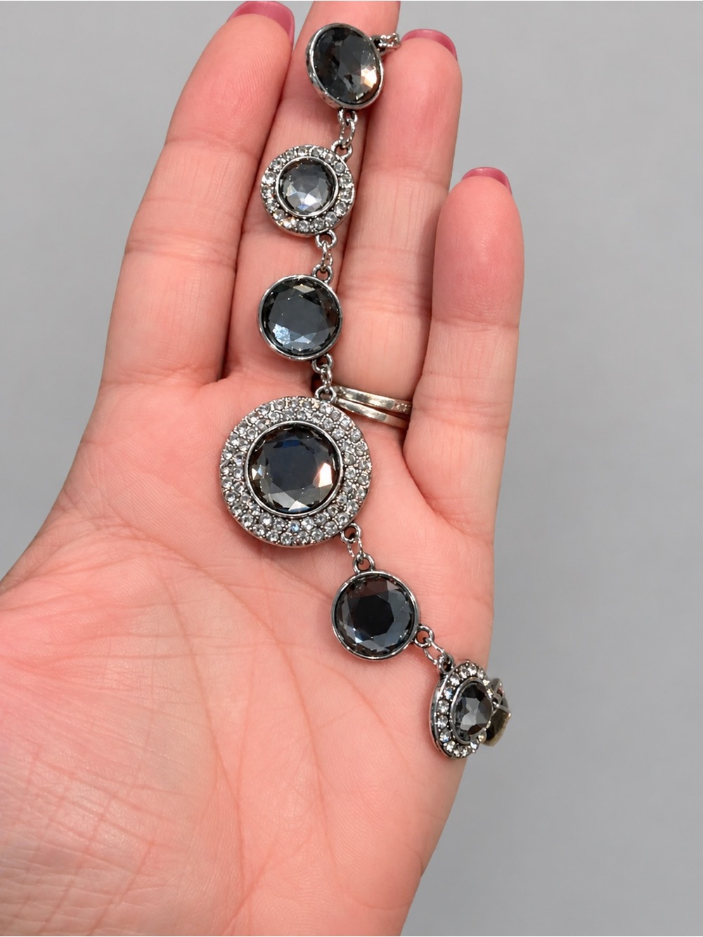 Silver-Tone Smoky Gray Statement Necklace with Rhinestone Accents 18-21” - Picture 3 of 3
